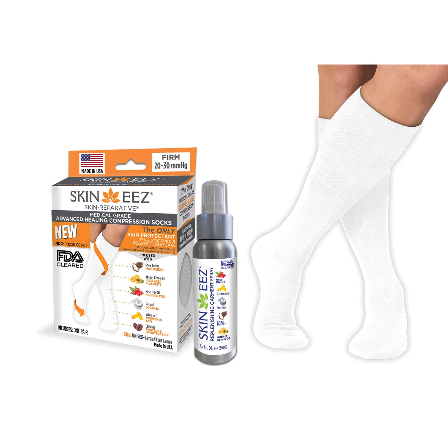 Skineez Advanced Healing Compression Sock Kit w/MD Spray 20-30 mmHg White