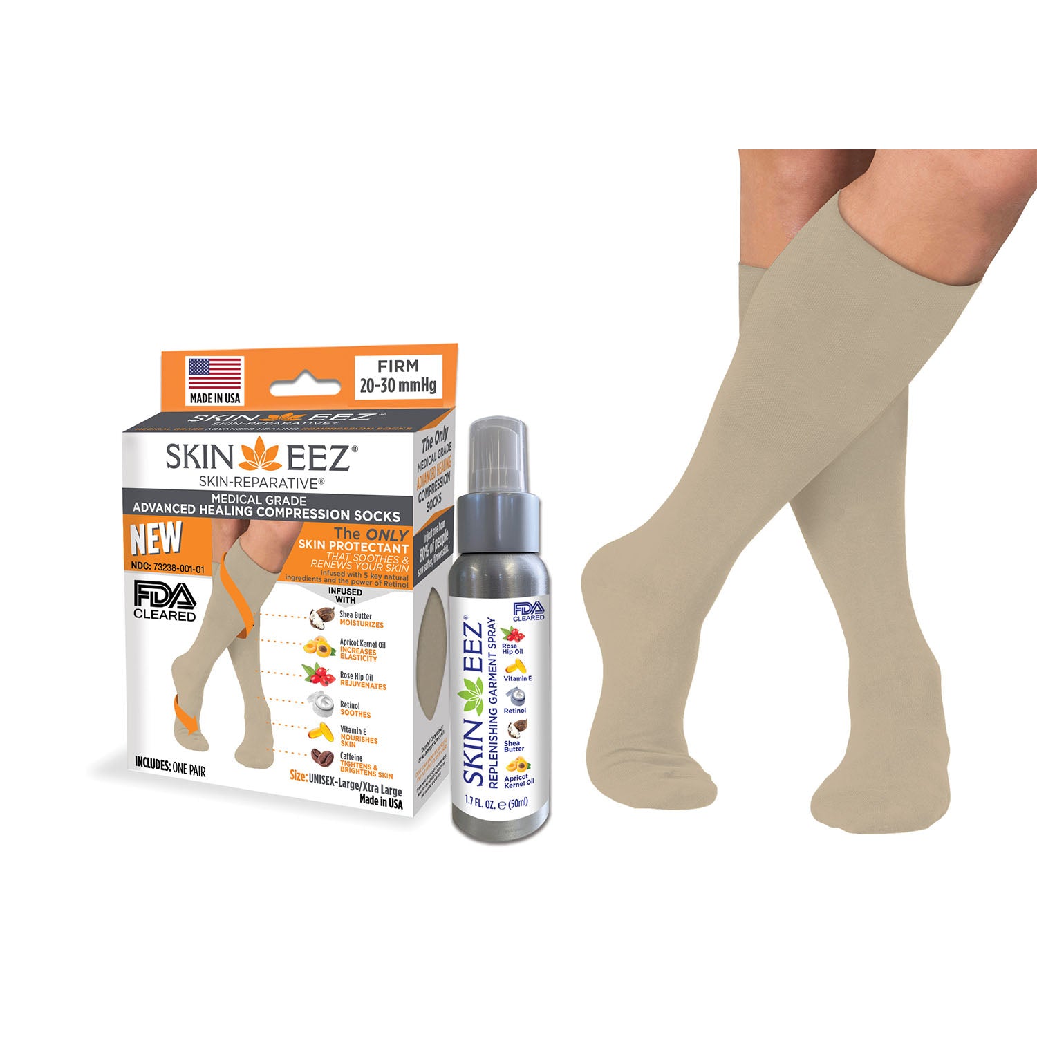 Skineez Advanced Healing Compression Sock Kit w/MD Spray 20-30 mmHg Tan