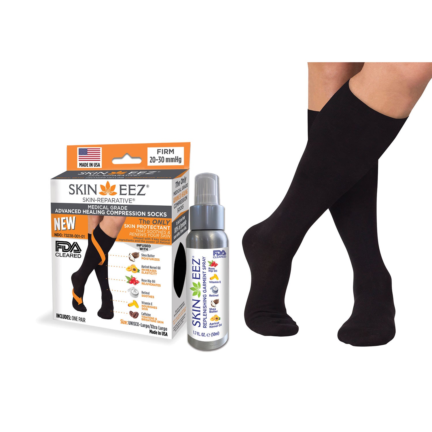 Skineez Advanced Healing Compression Sock Kit w/MD Spray 20-30 mmHg Black