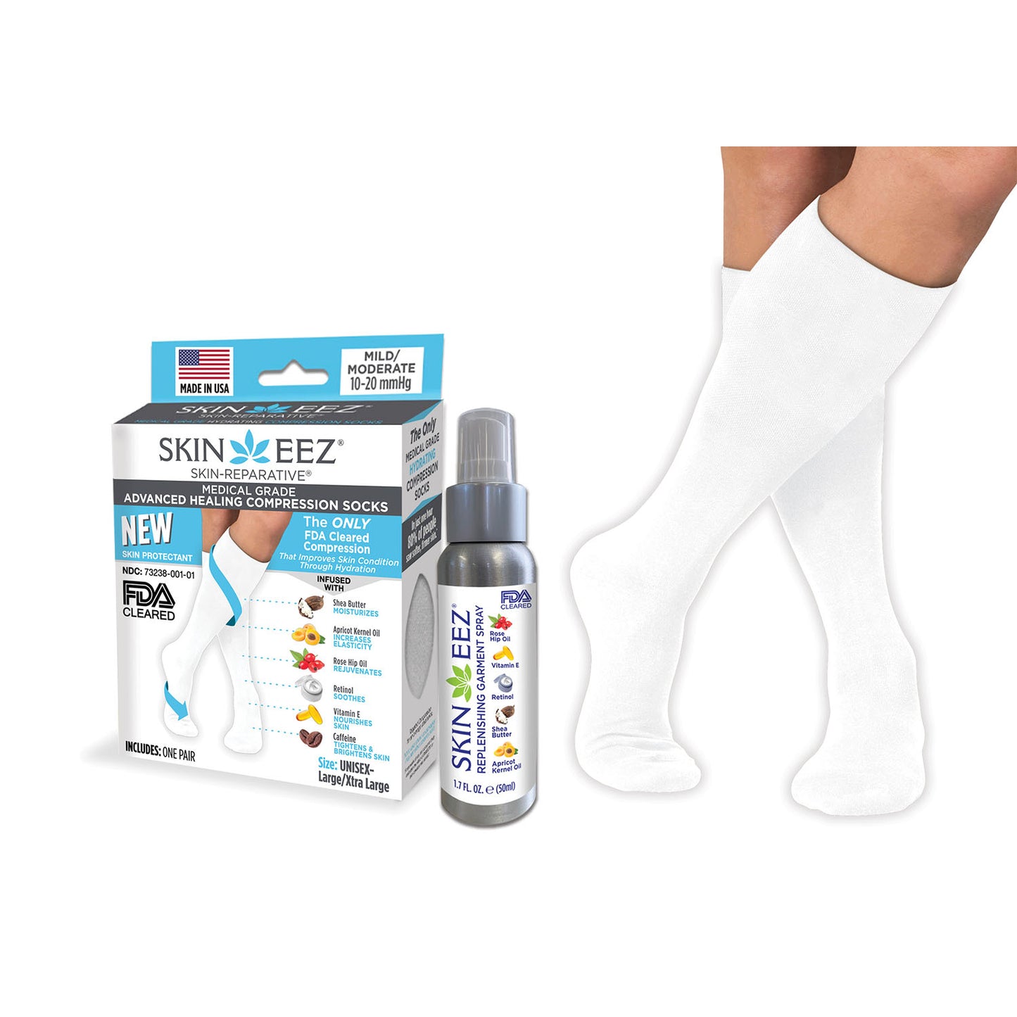 Skineez Advanced Healing Compression Sock Kit w/MD Spray 10-20 mmHg White