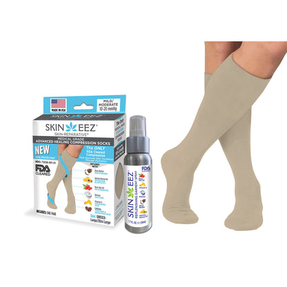 Skineez Advanced Healing Compression Sock Kit w/MD Spray 10-20 mmHg Tan