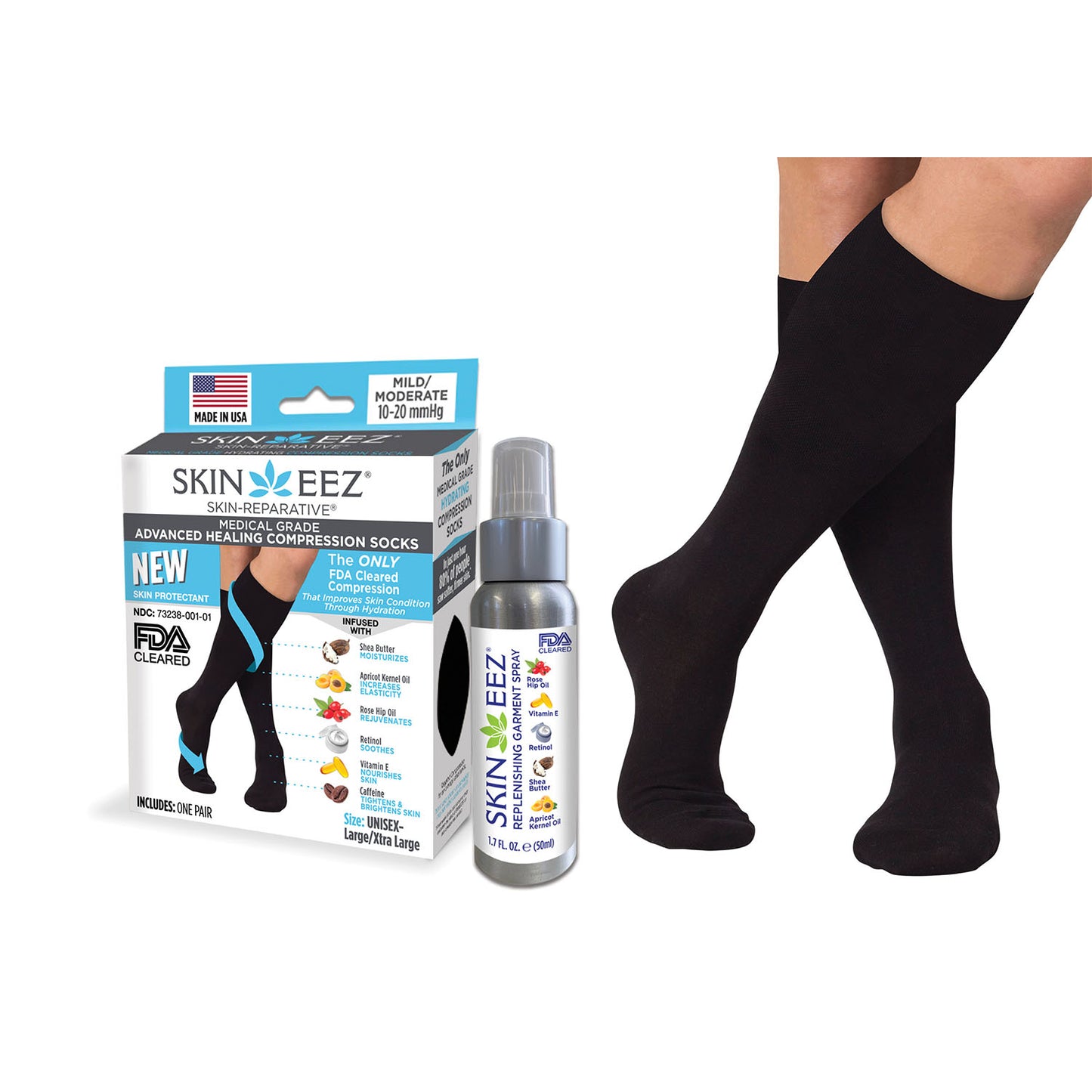 Skineez Advanced Healing Compression Sock Kit w/MD Spray 10-20 mmHg Black
