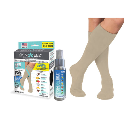 SkineezMD Medical Advanced Healing Compression Sock MENTHOL Kit w/MD Spray 30-40 mmHg Tan
