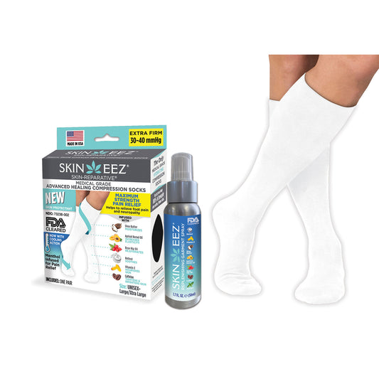 SkineezMD Medical Advanced Healing Compression Sock MENTHOL Kit w/MD Spray 30-40 mmHg - SkineezMD Medical Advanced Healing Compression Sock MENTHOL Kit w/MD Spray 30-40 mmHg White