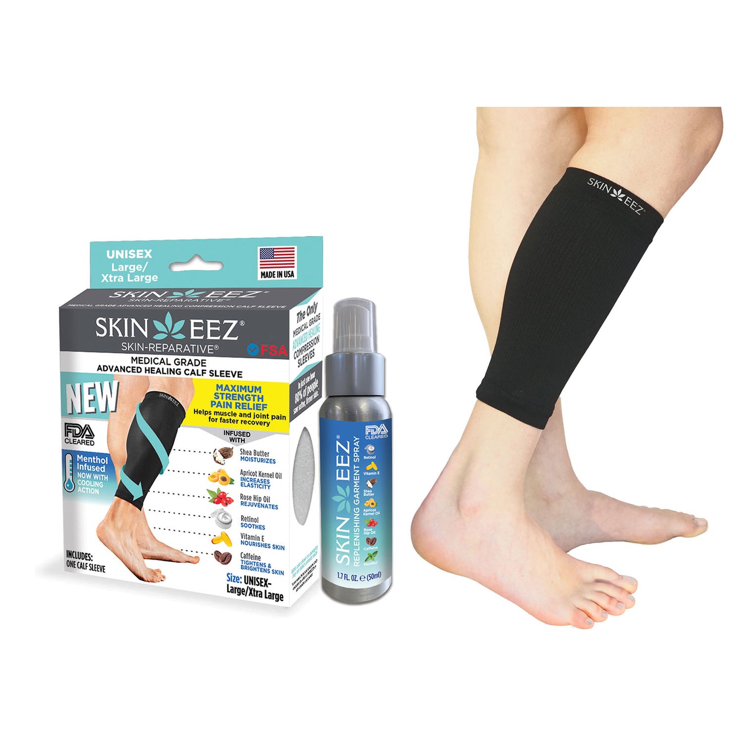 SkineezMD Medical Grade Compression Calf Sleeve MENTHOL w/MD Spray