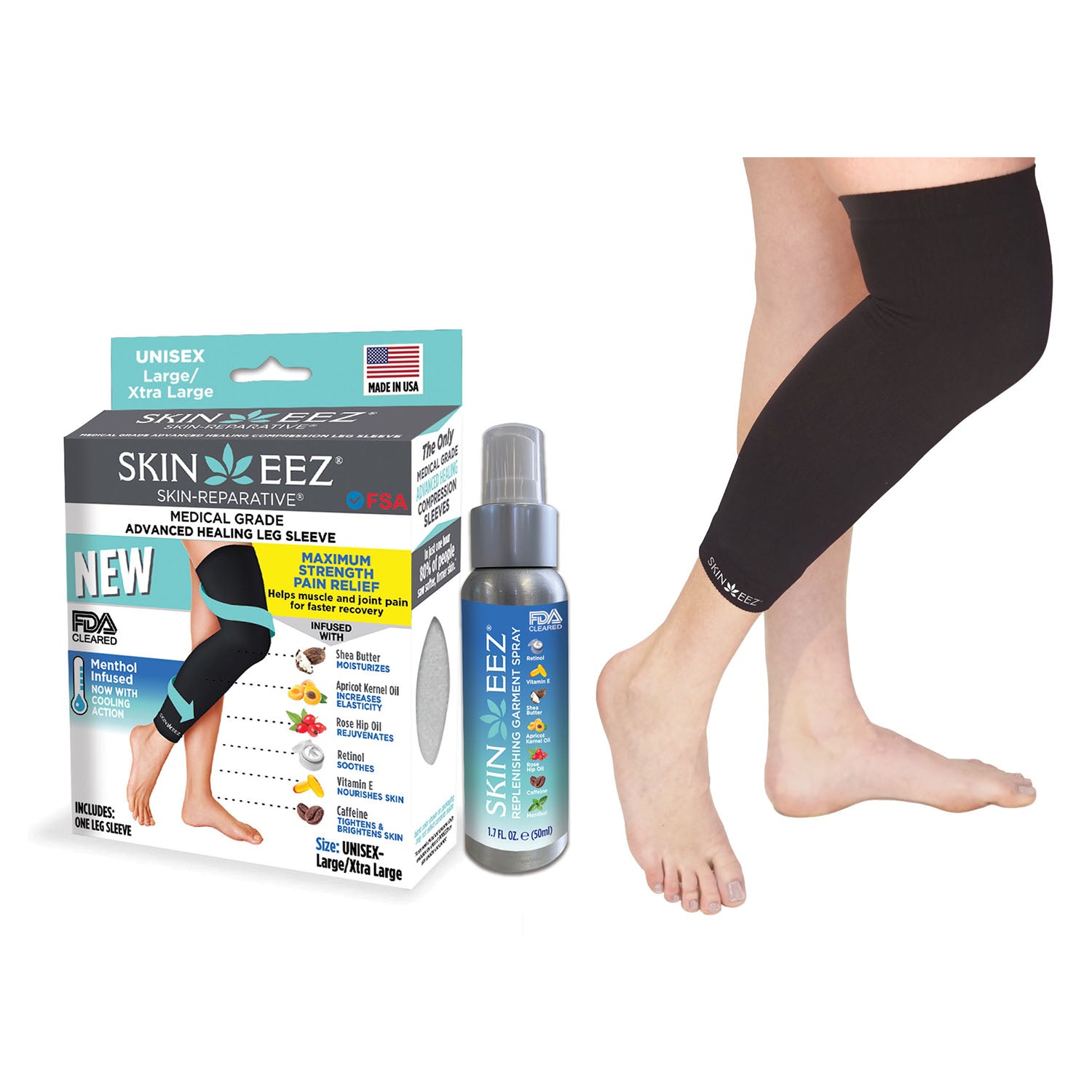 SkineezMD Medical Grade Compression Leg Sleeve MENTHOL Kit w/MD Spray