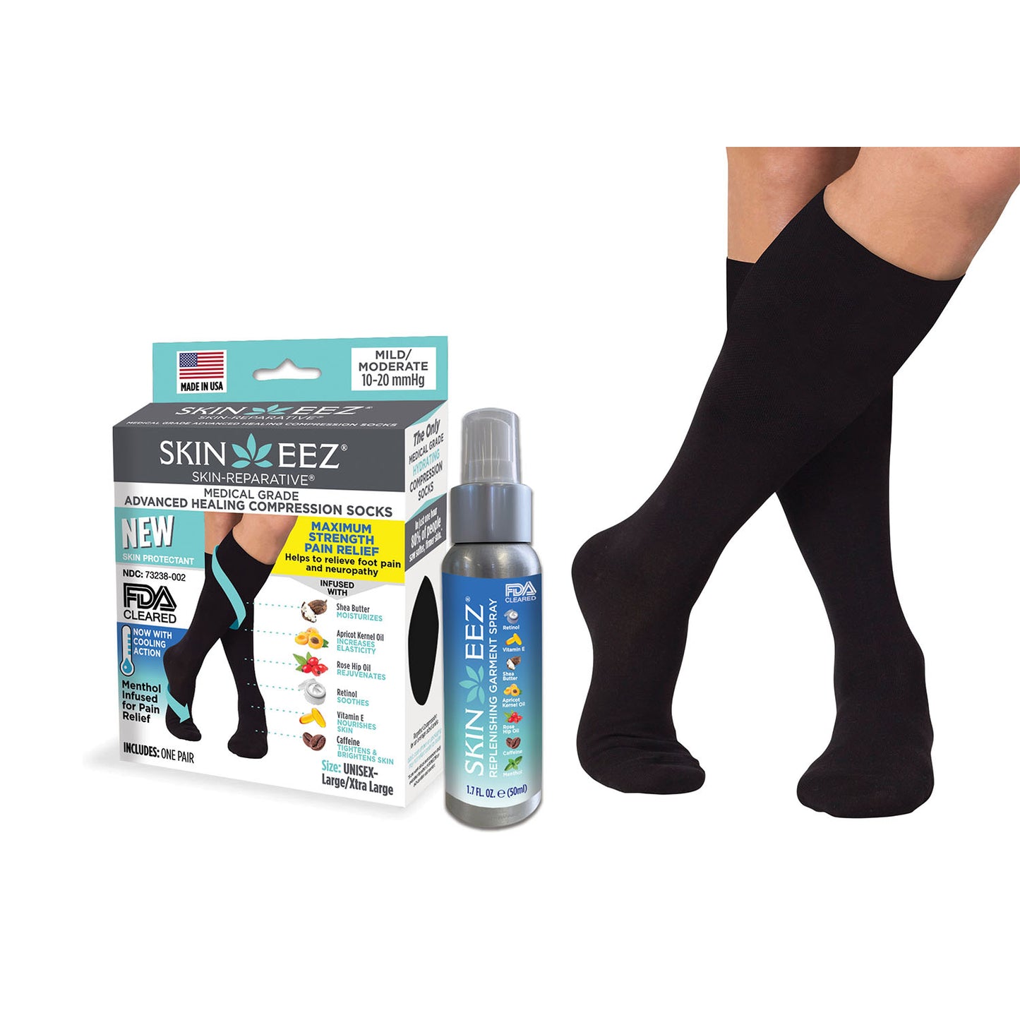 SkineezMD Medical Advanced Healing Compression Sock MENTHOL Kit w/MD Spray 10-20 mmHg Black
