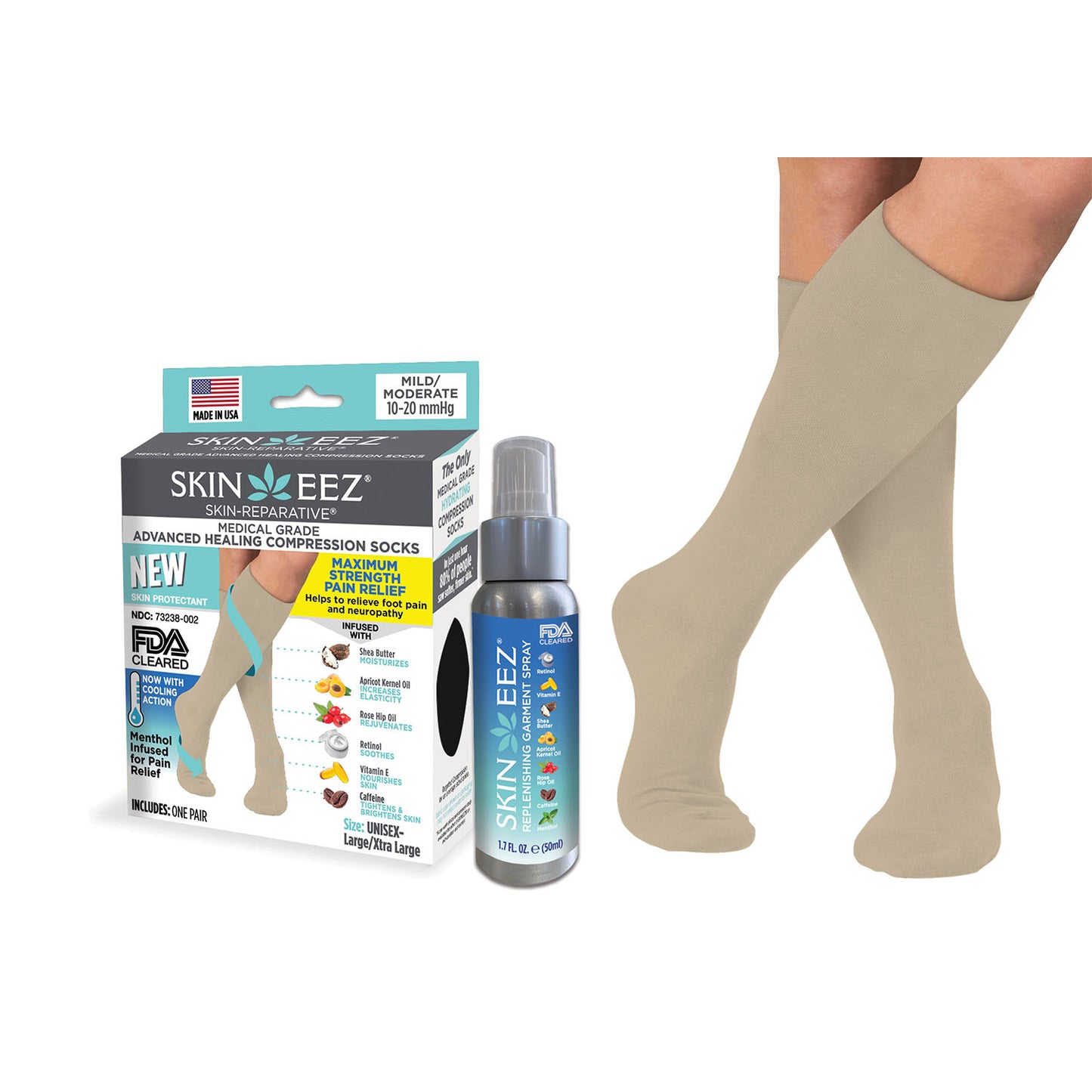 SkineezMD Medical Advanced Healing Compression Sock MENTHOL Kit w/MD Spray 10-20 mmHg Tan
