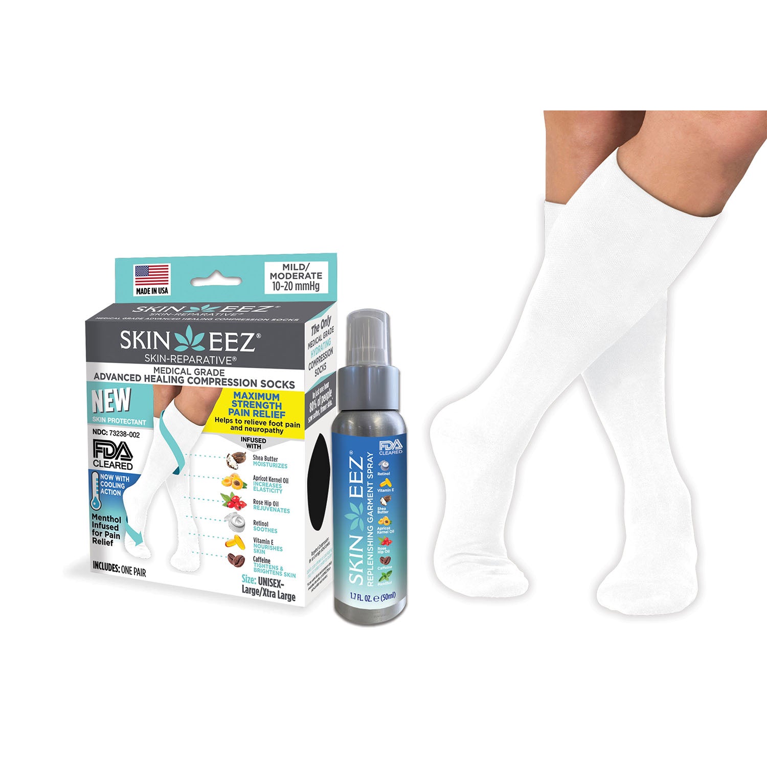 SkineezMD Medical Advanced Healing Compression Sock MENTHOL Kit w/MD Spray 10-20 mmHg White