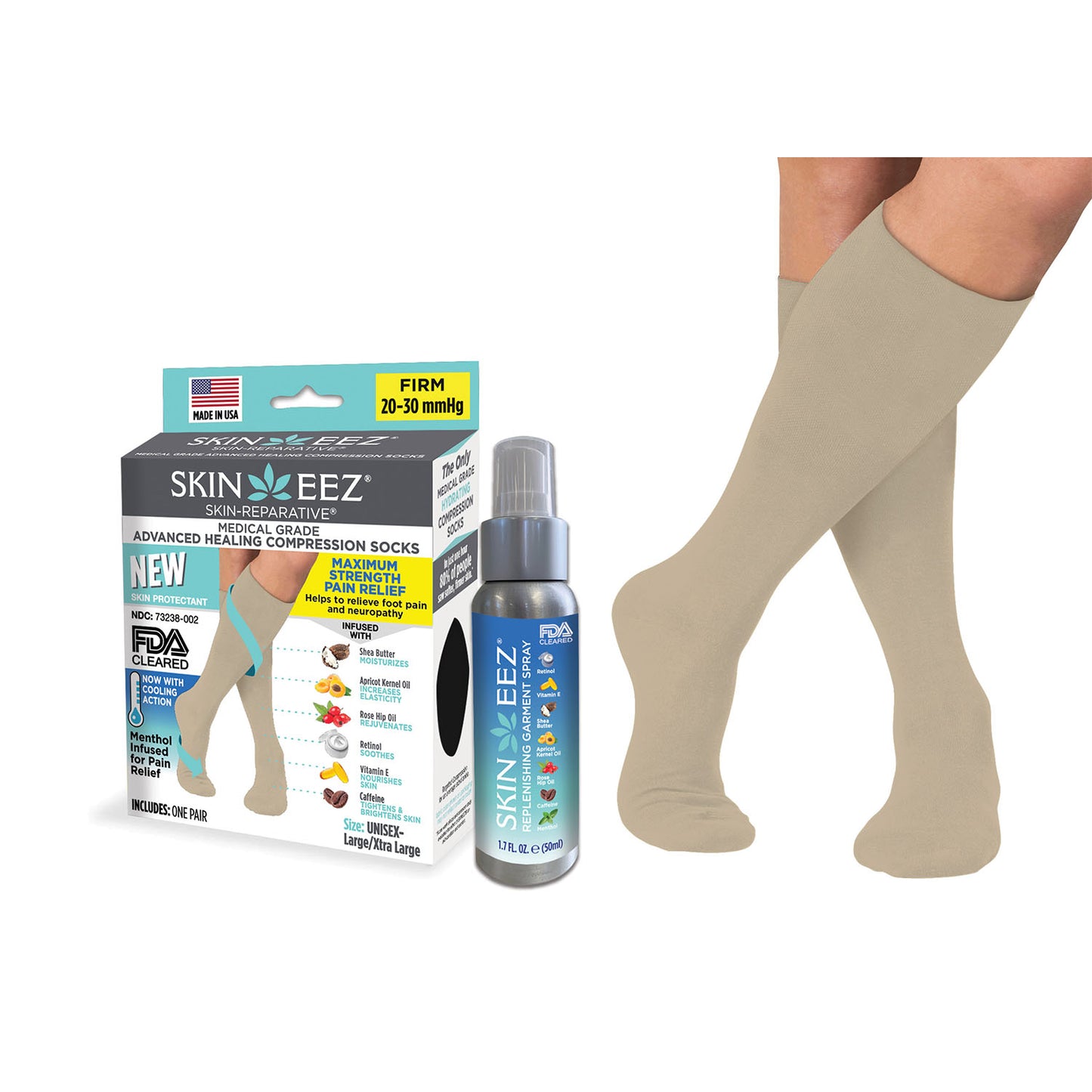 SkineezMD Medical Advanced Healing Compression Sock MENTHOL Kit w/MD Spray 20-30 mmHg Tan
