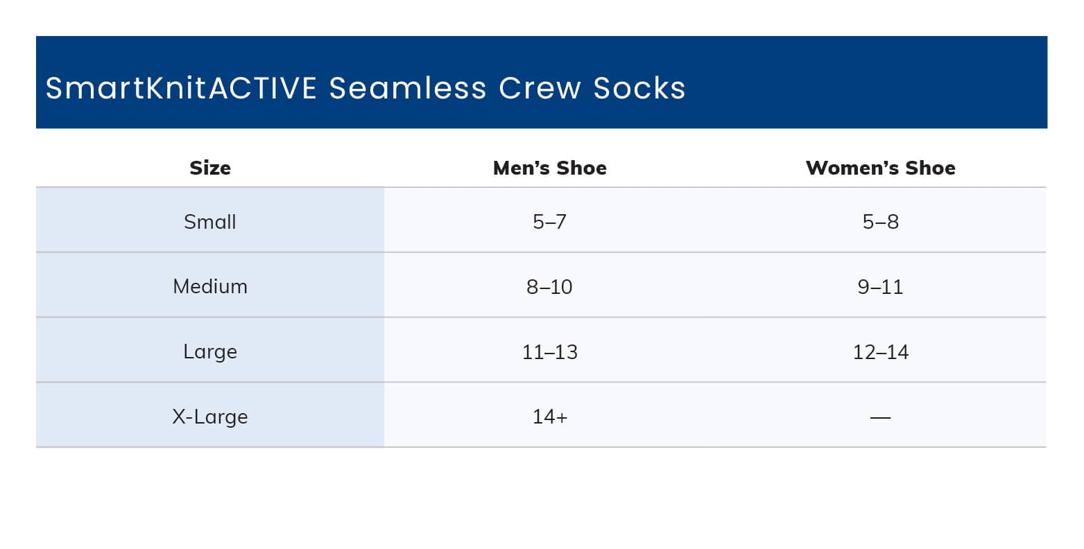 SmartKnitACTIVE Seamless Crew Socks Size Chart