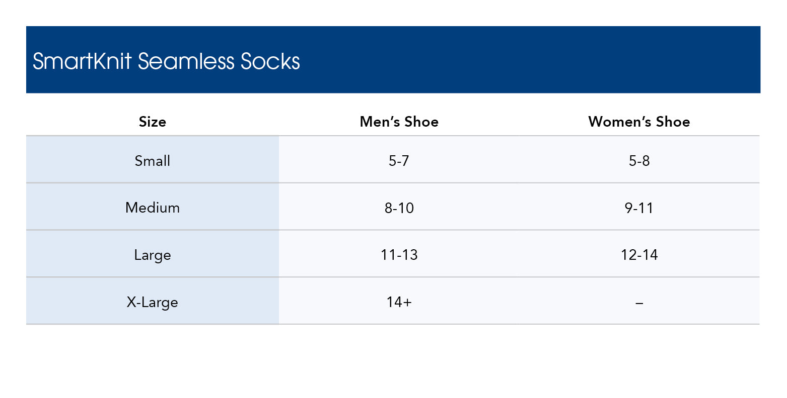 SmartKnit Seamless Socks Size Chart