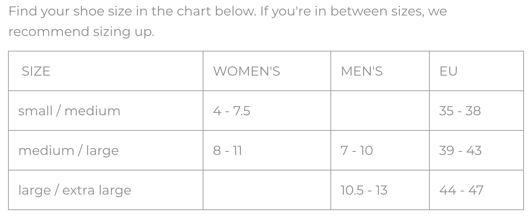 Sockwell Size Chart