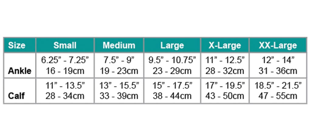 AW Styles 2453/2712 Ulcer Care Liners Size Chart