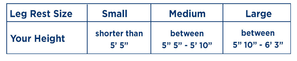 UPSURGE Recovery Leg Rest Size Chart