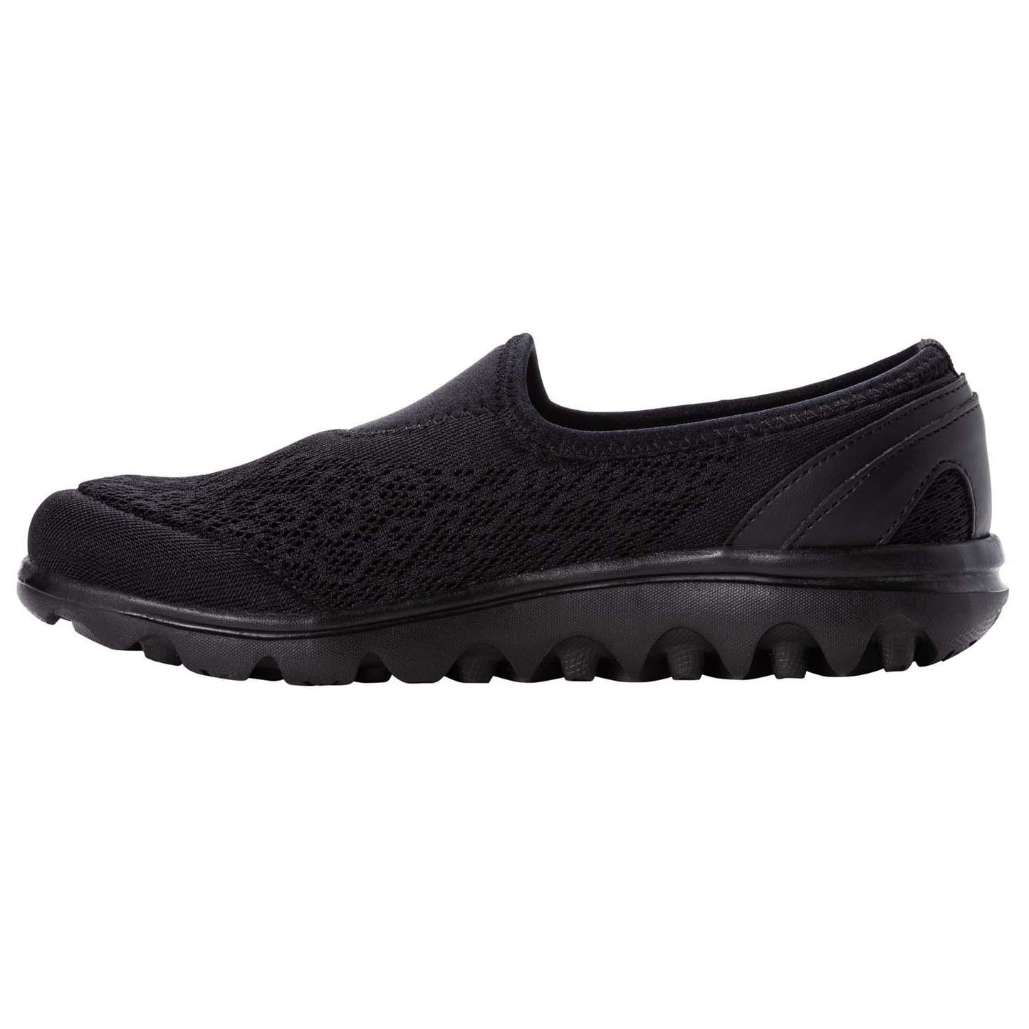 Inside side view of Propet Women's TravelActiv Slip-On Shoes in All Black