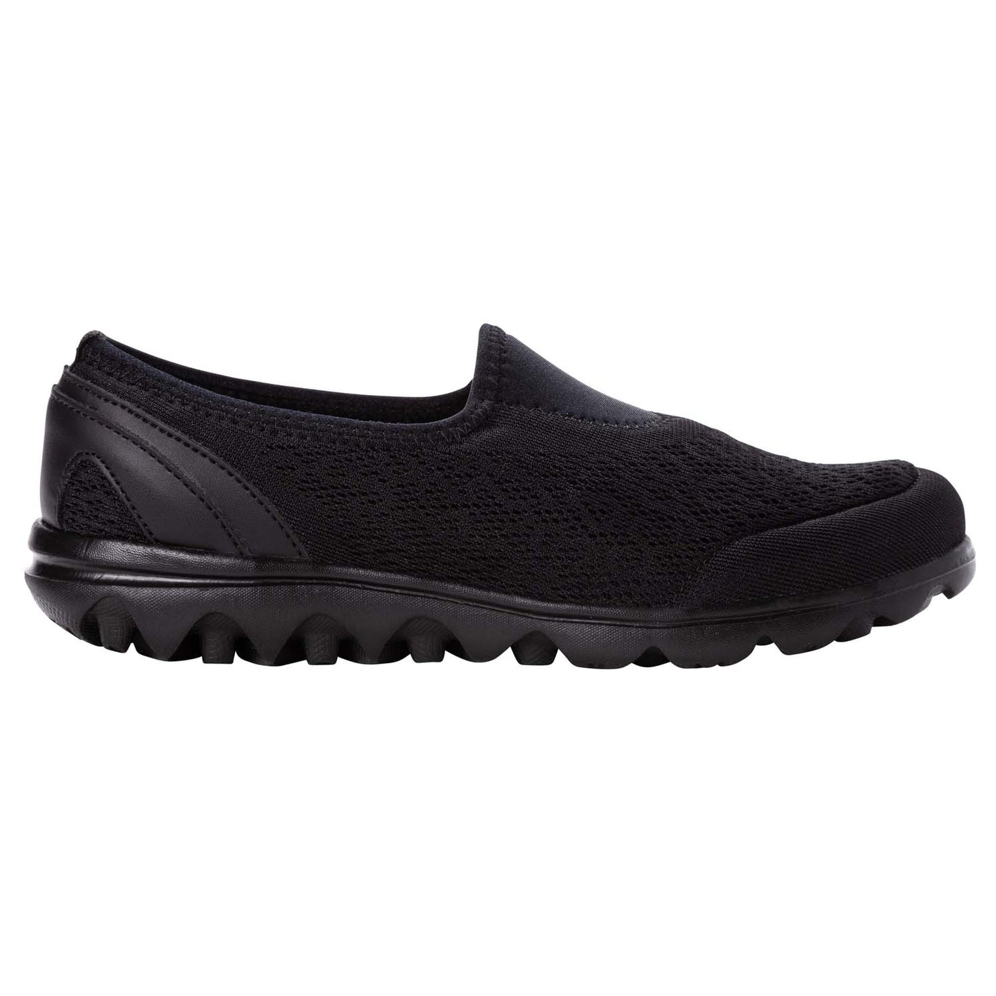 Outside side view of Propet Women's TravelActiv Slip-On in All Black