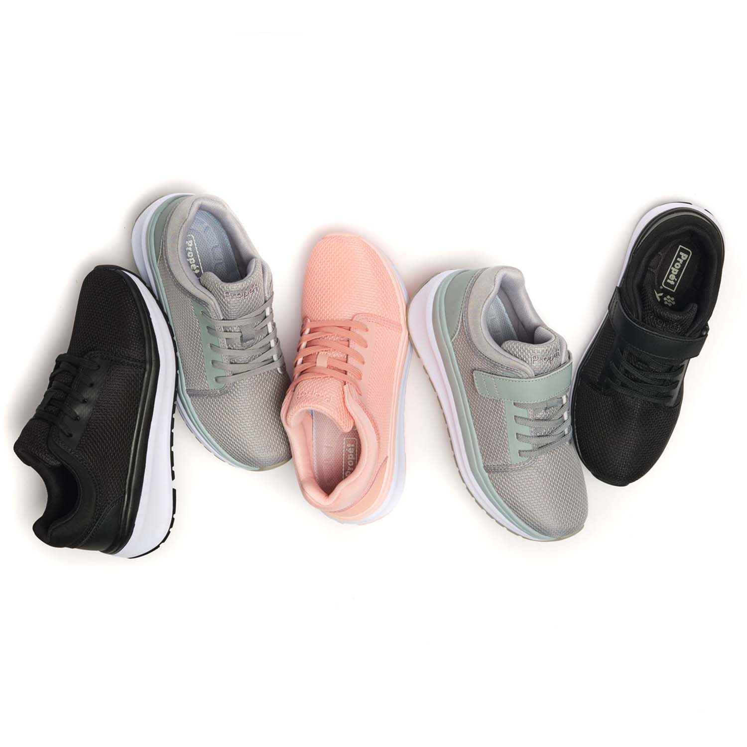 Top-down view of Ultima X Athletic Shoes in different color options available side-by-side (Black, Grey, & Pink)