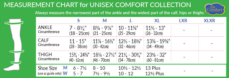 Dr. Comfort Unisex Comfort Collection Size Chart