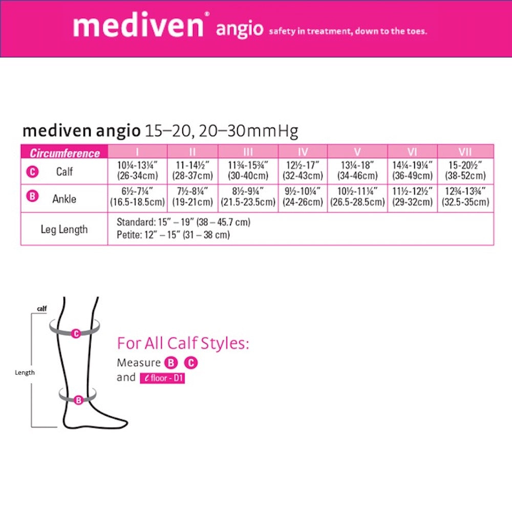 Mediven Angio 15-20, 20-30, 30-40mmHg Calf Styles Size Chart