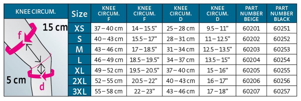 Medi Protect Seamless Knee Support Size Chart