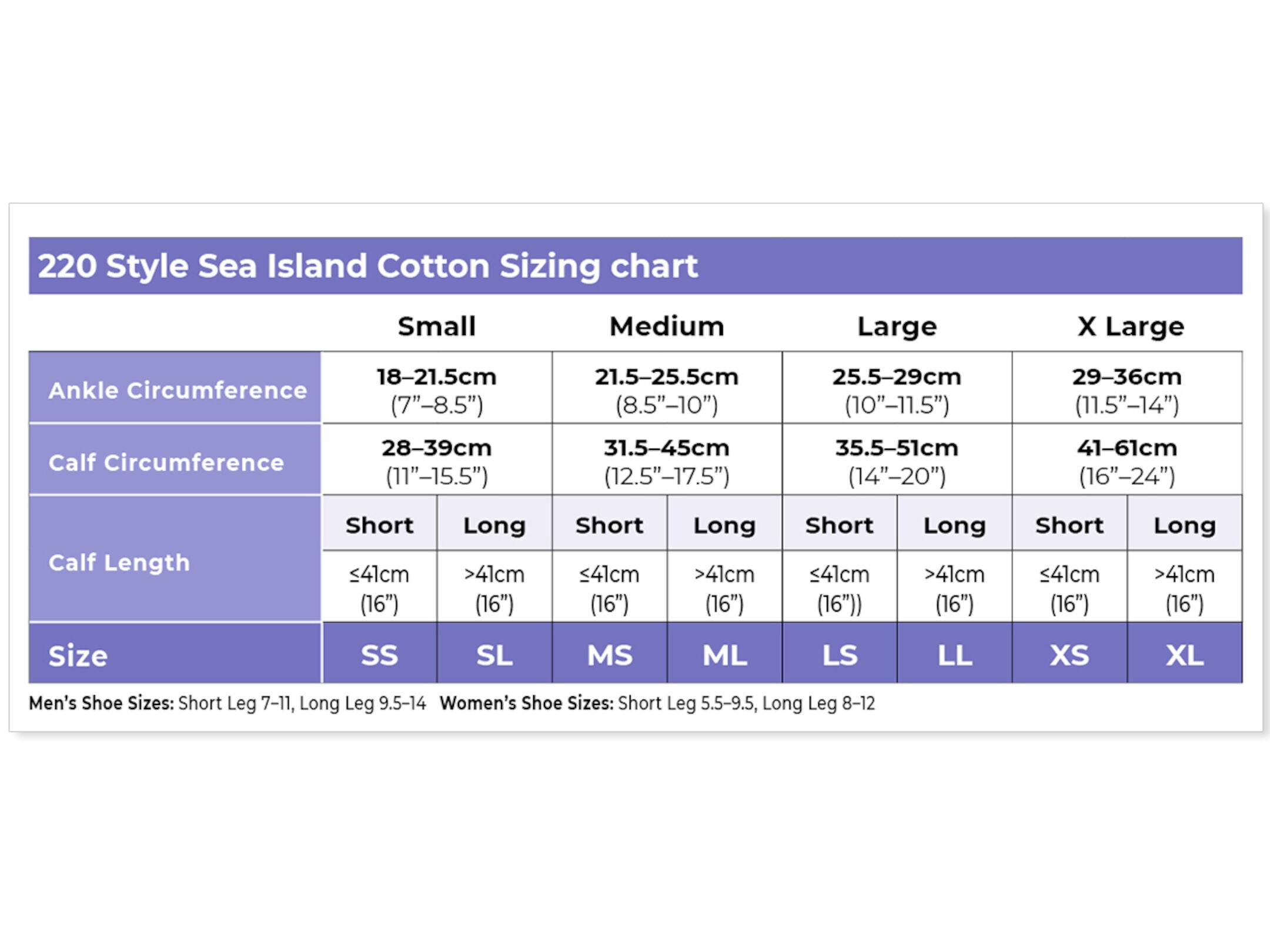 Sigvaris Style 220/222 Zurich Collection Sea Island Size Chart