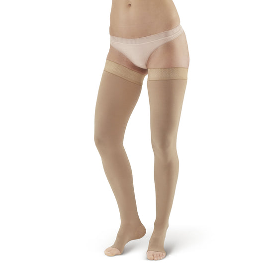 AW 292OT Luxury Opaque Open Toe Thigh Highs w/Dot Band 20-30 mmHg - AW Style 292OT Luxury Opaque Open Toe Thigh Highs w/Dot Sil Band - 20-30 mmHg - Beige