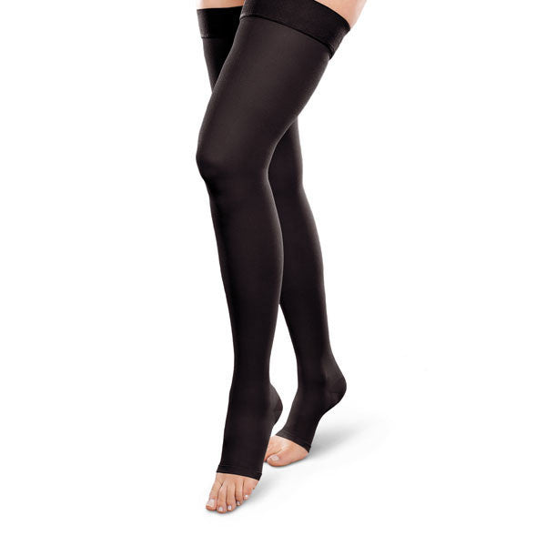 Therafirm EASE Opaque Unisex Open Toe Thigh Highs w/Silicone Band - 15-20 mmHg - Black