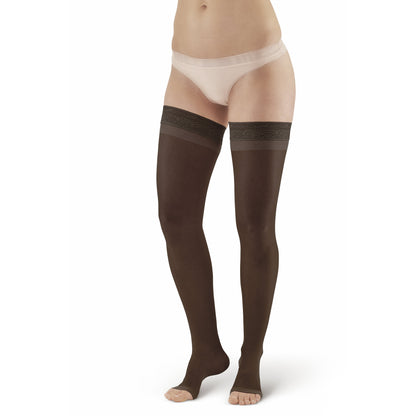 AW Style 45 Sheer Support Open Toe Thigh Highs w/Lace Band - 15-20 mmHg - Black