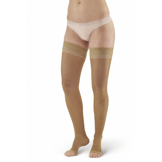 AW 45 Sheer Support Open Toe Thigh Highs w/Top Band 15-20 mmHg - AW Style 45 Sheer Support Open Toe Thigh Highs w/Lace Band - 15-20 mmHg - Beige