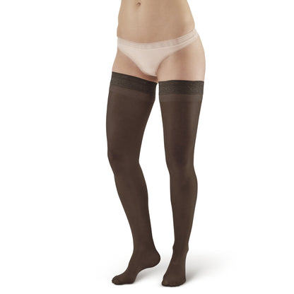 AW Style 74 Soft Sheer Thigh Highs w/ Lace Band - 8-15 mmHg - Black