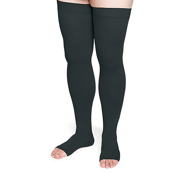 mediven sheer & soft for Women, 30-40 mmHg Thigh High w/Lace Silicone Top  Band Open Toe Compression Stockings, Ebony, IV-Standard