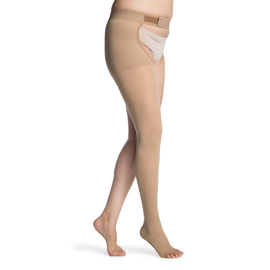 Sigvaris Essential 862 Opaque Open Toe Left Thigh w/Waist Attachment 20-30 mmHg - Sigvaris Essential 862 Thigh High with Waist attachment