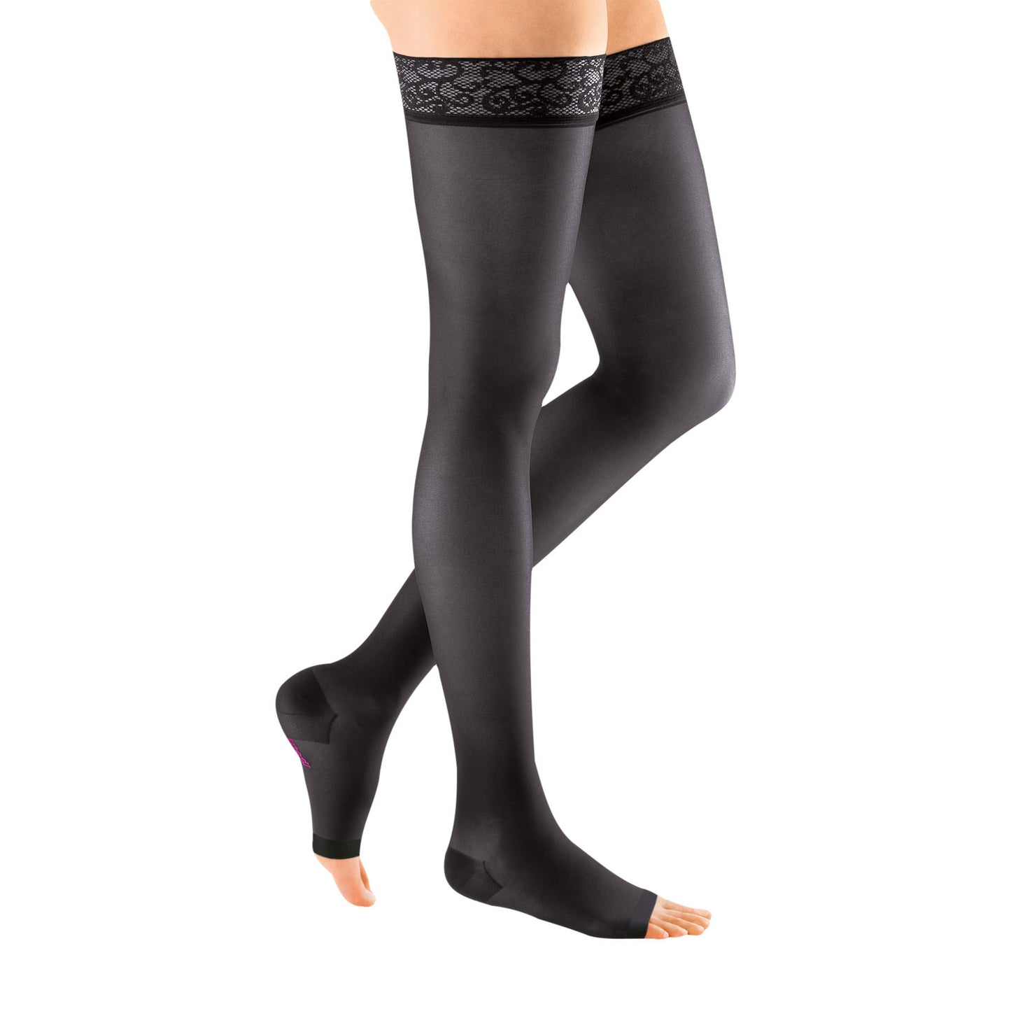 Medi Sheer & Soft Open Toe Thigh Highs w/ Lace Band - 15-20 mmHg - Ebony